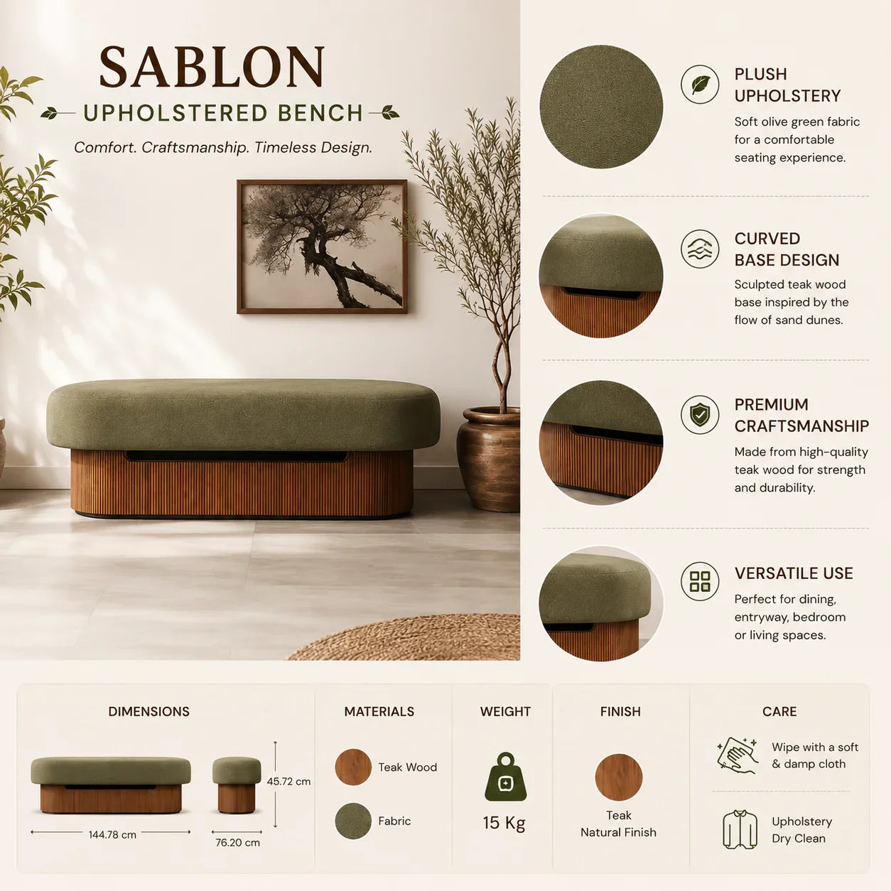 Sablon Upholstered Bench | Teak Wood Seating Bench with Olive Fabric Seating (Modern Bench Seat)