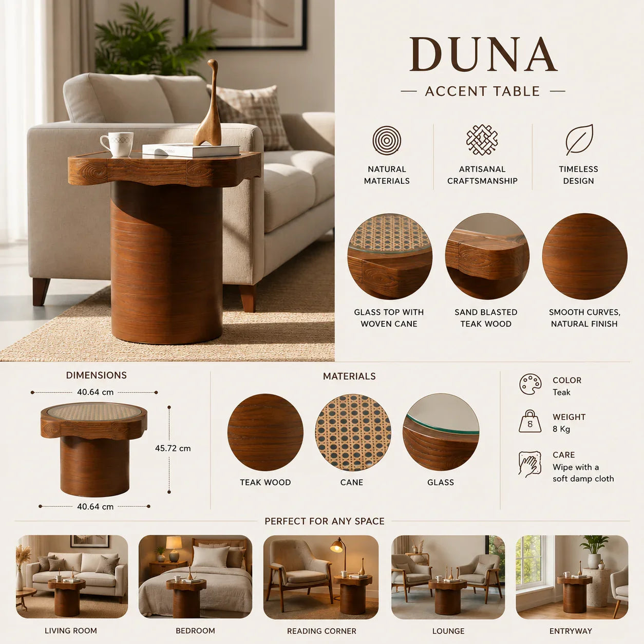 Duna Accent Table | Glass Top Cane & Teak Wood Side Table for Modern Living Spaces