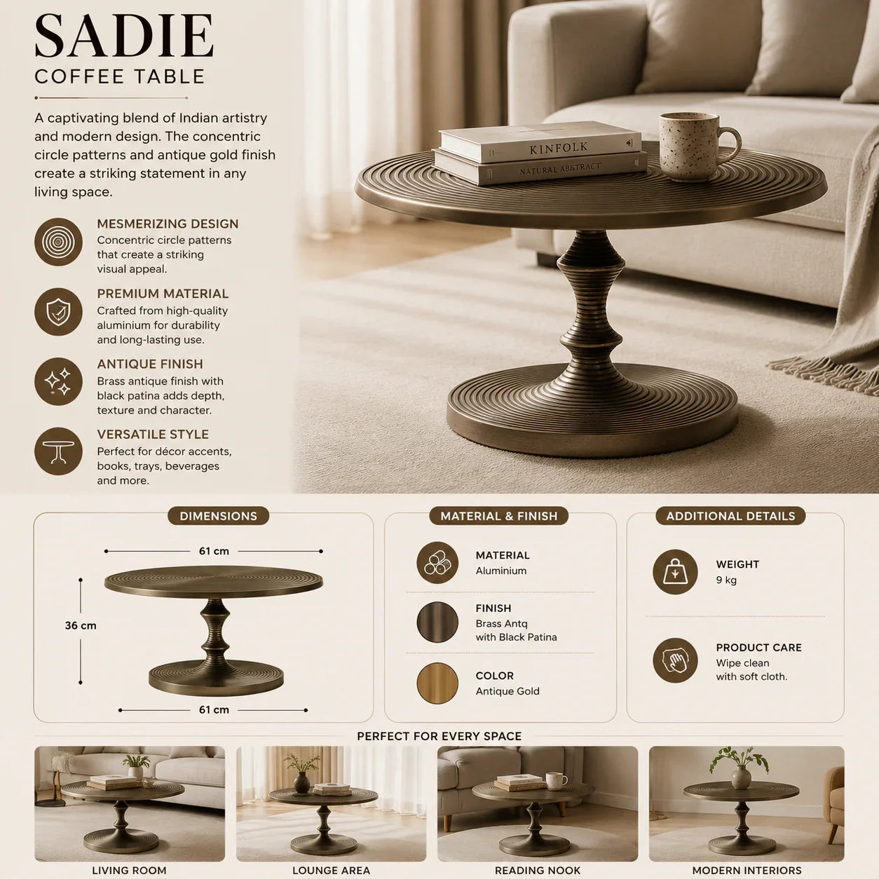 Sadie Coffee Table For Living Room | Antique Center Table With Black Patina Design