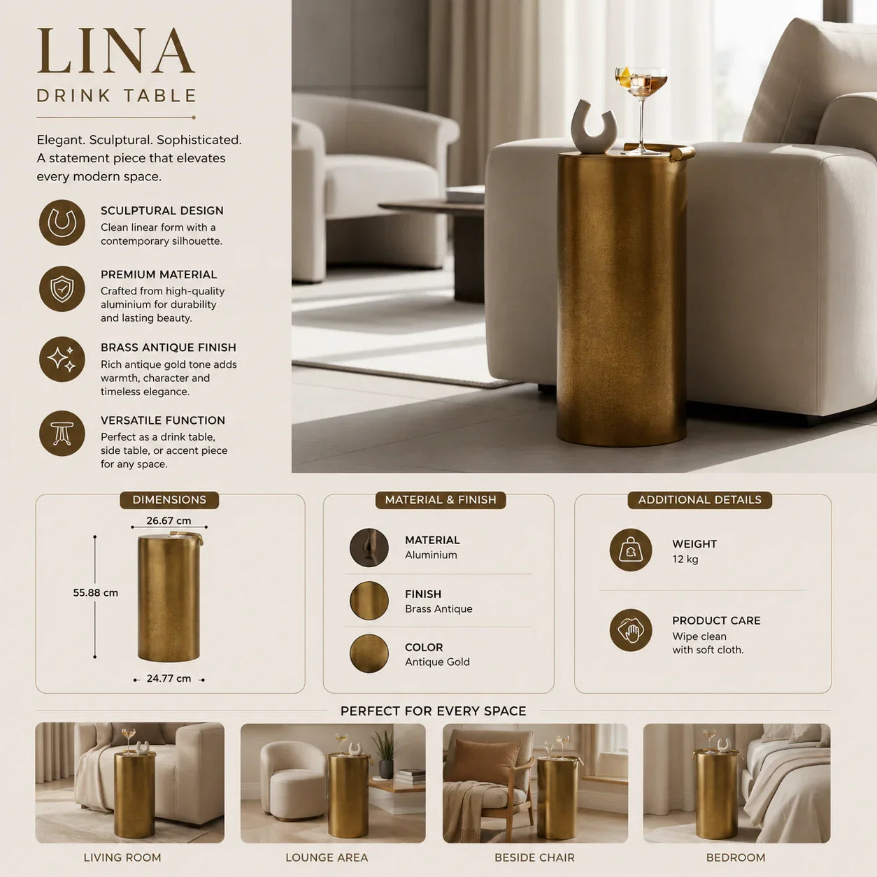 Lina Drink Table | Designer Aluminium Side Table For Living Room Décor