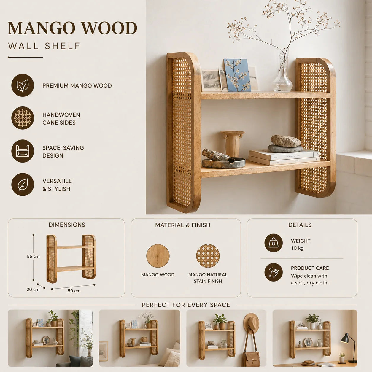 Rattan Mango Wood Wall Rack | Wooden Wall Shelves for Living Room