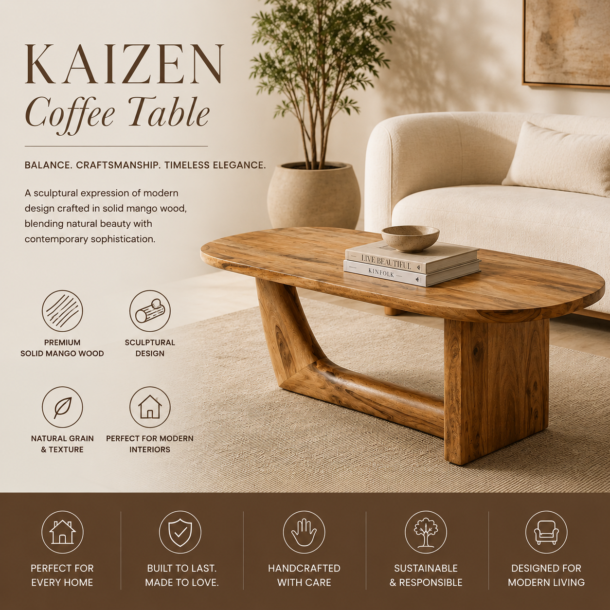 Kaizen Wooden Coffee Table | Sculptural Mango Wood Centre Table for Modern Homes