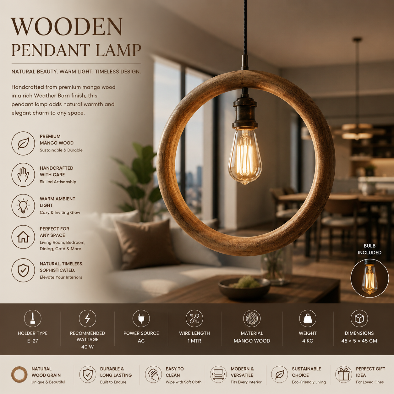 Handcrafted Mango Wood Hanging Light Lamp | Modern Wooden Pendant Light for Home Décor