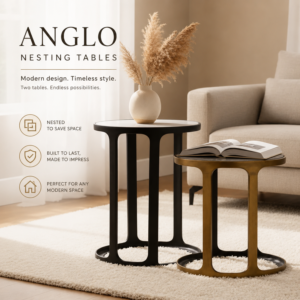 Anglo Nesting Tables Set of 2 | Modern Gold & Black Side Tables with Antique Finish
