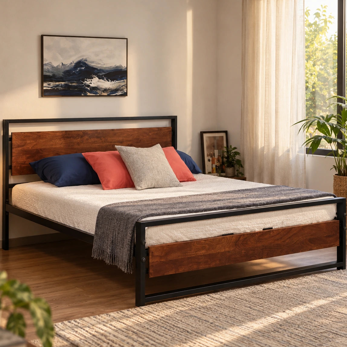 Metal & Acacia Wood Bed | Modern Bed Frame in Black & Honey Brown