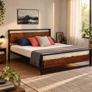 Metal & Acacia Wood Bed | Modern Bed Frame in Black & Honey Brown