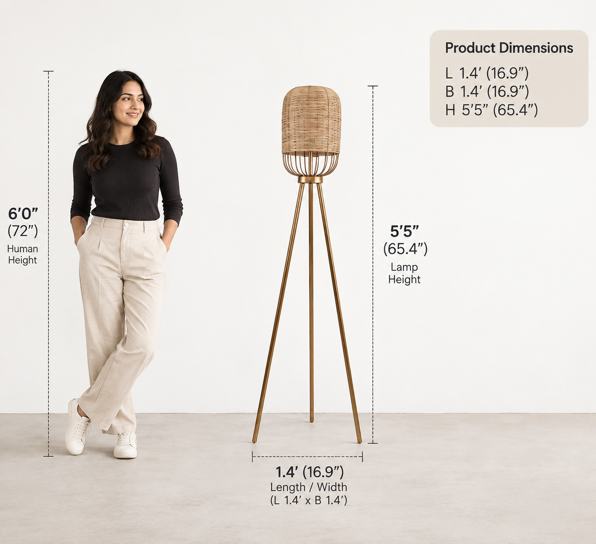 Natural Cane & Iron Finish Floor Lamp Light Standing On Tripod For Home Decor