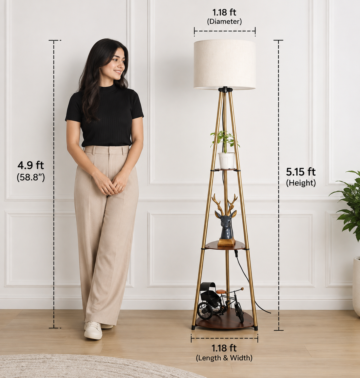 Brass Antique Floor Lamp with 3 Storage Shelves | Modern Standing Lamp for Living Room & Bedroom (E27 Bulb Included)