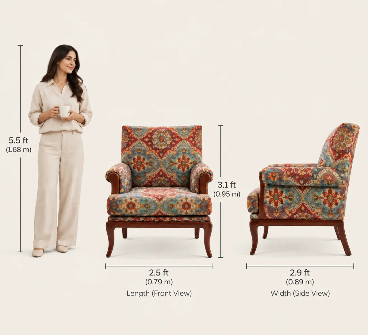 Aristora Teak Wood Armchair | Luxury Velvet Accent Chair with Walnut Finish | Comfortable Chair for Living Room