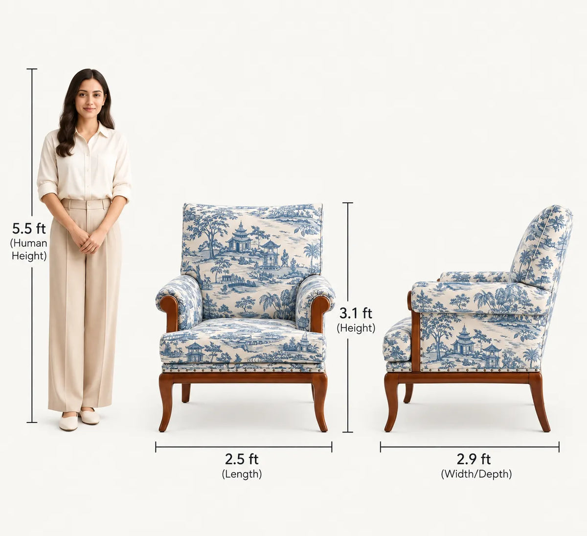 Aurelia Teak Wood Armchair | Modern Velvet Accent Chair for Living Room