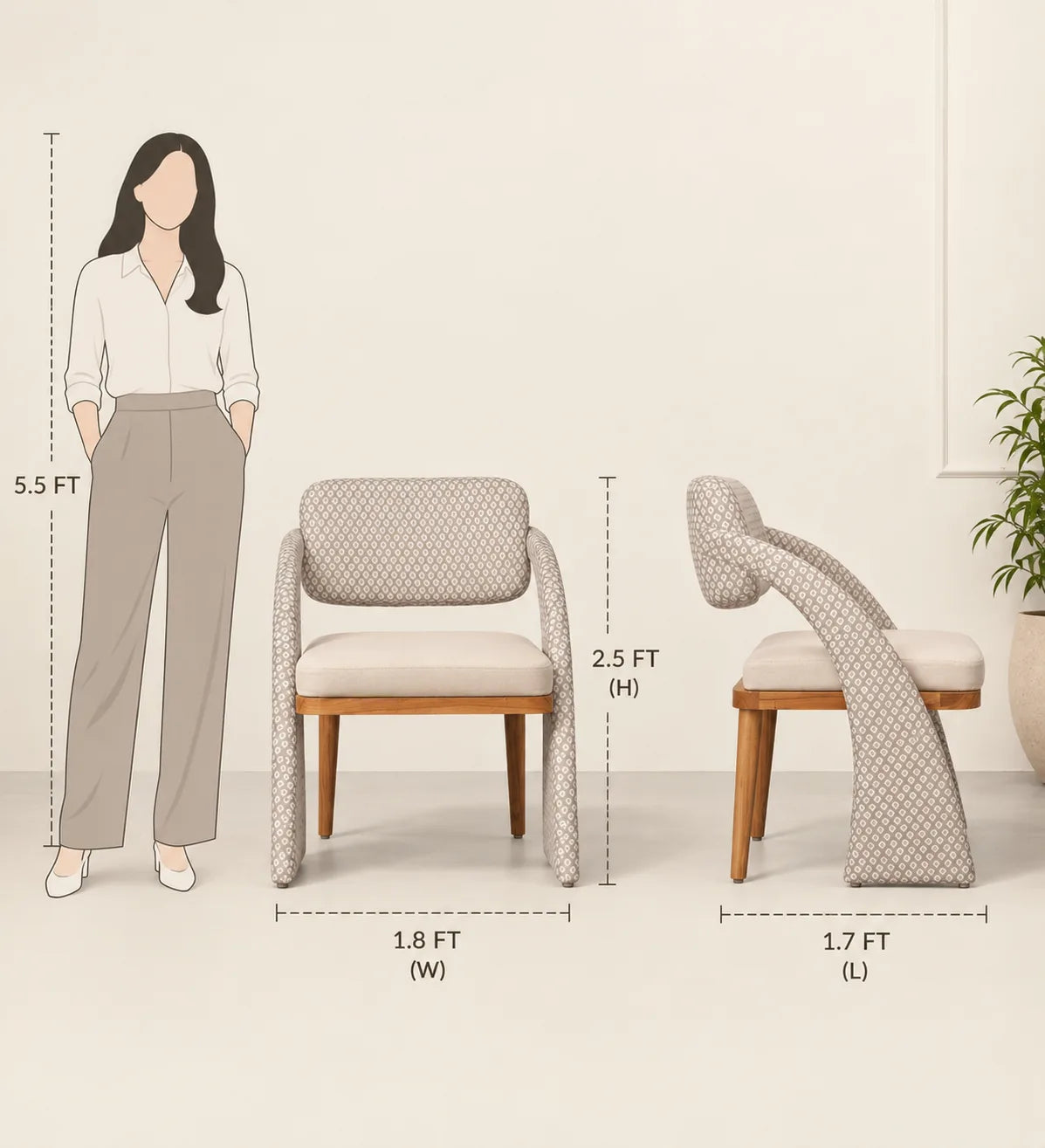 Modern Upholstered Dining Chair | Teak Wood Designer Chair with Pattern Fabric | Cafe Chair