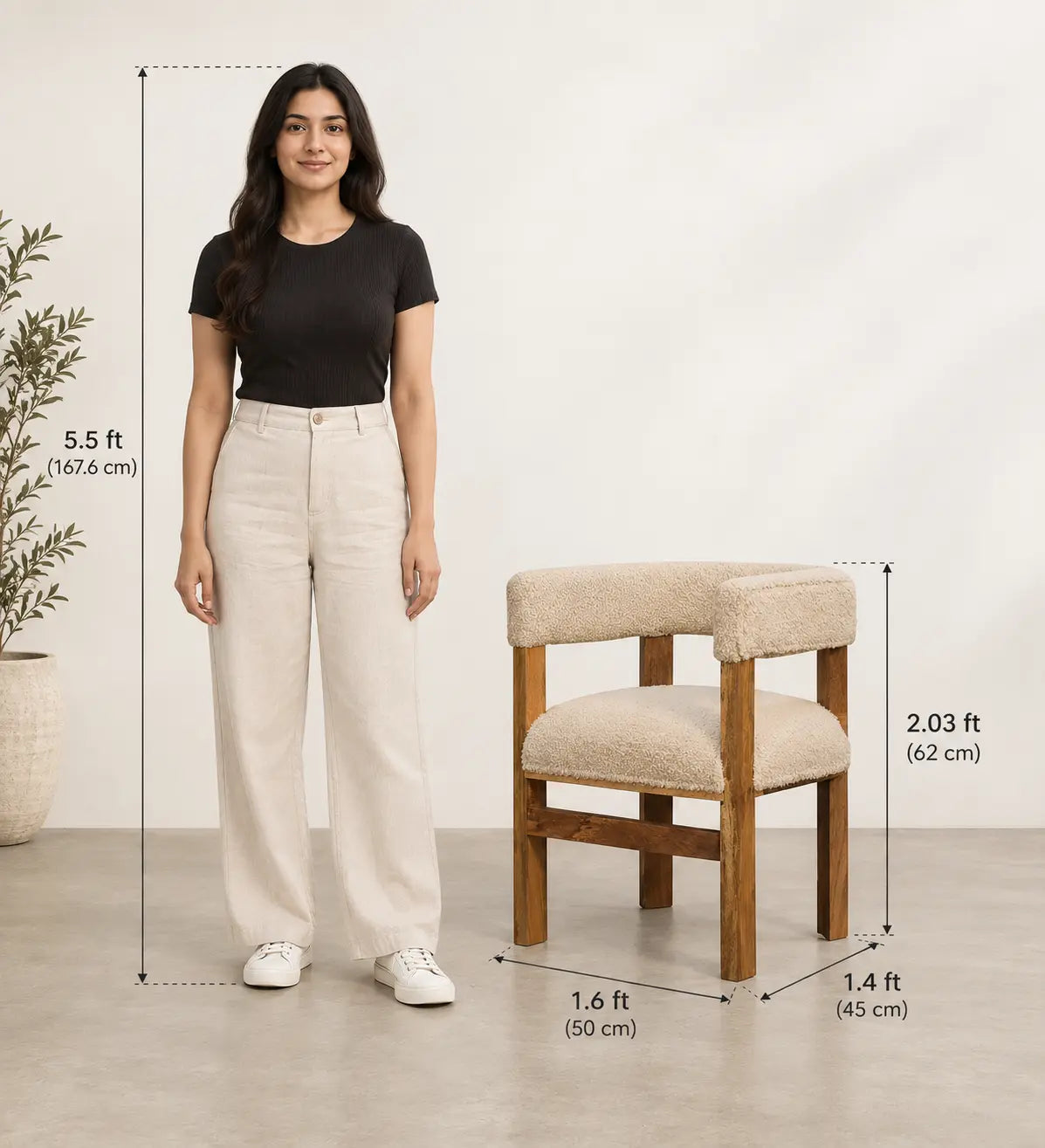 Cream Boucle Solid Wood Chair
