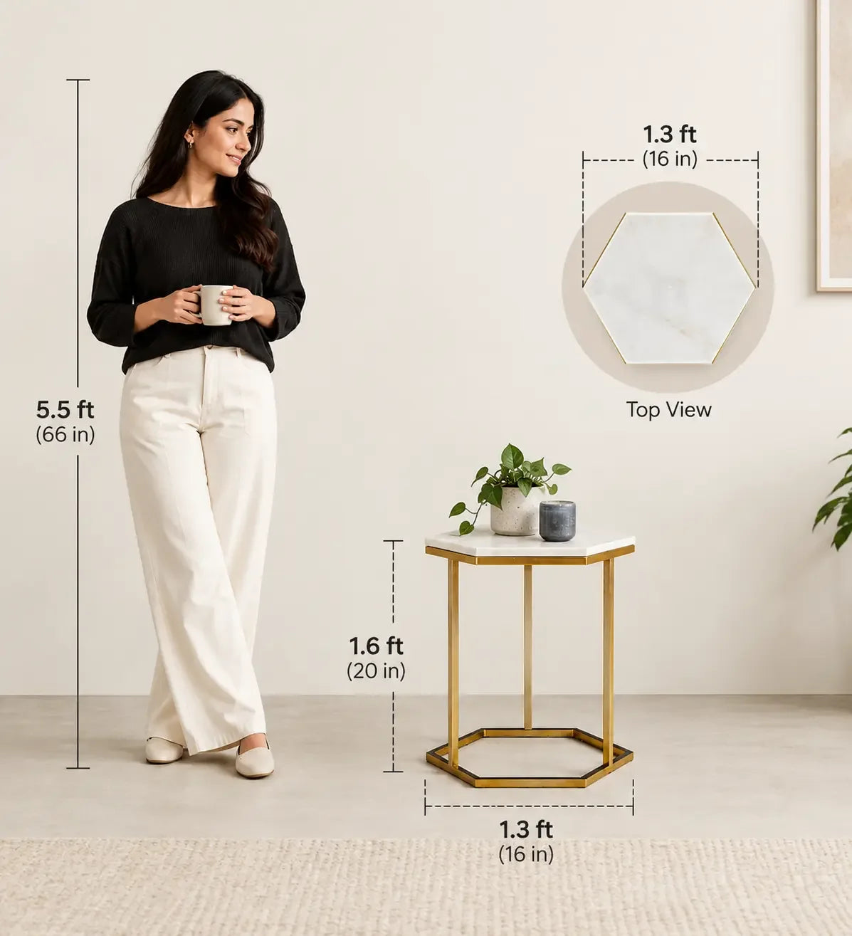 Hexagon Side Table For Living Room With Marble Top & Golden White Finish | Accent End Table