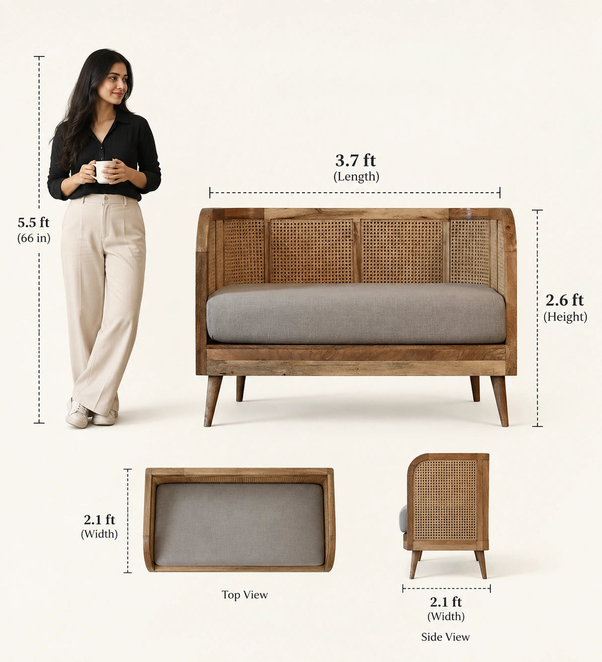 2 Seater Wooden Sofa | Solid Mango Wood Sofa with Upholstered Linen Seating