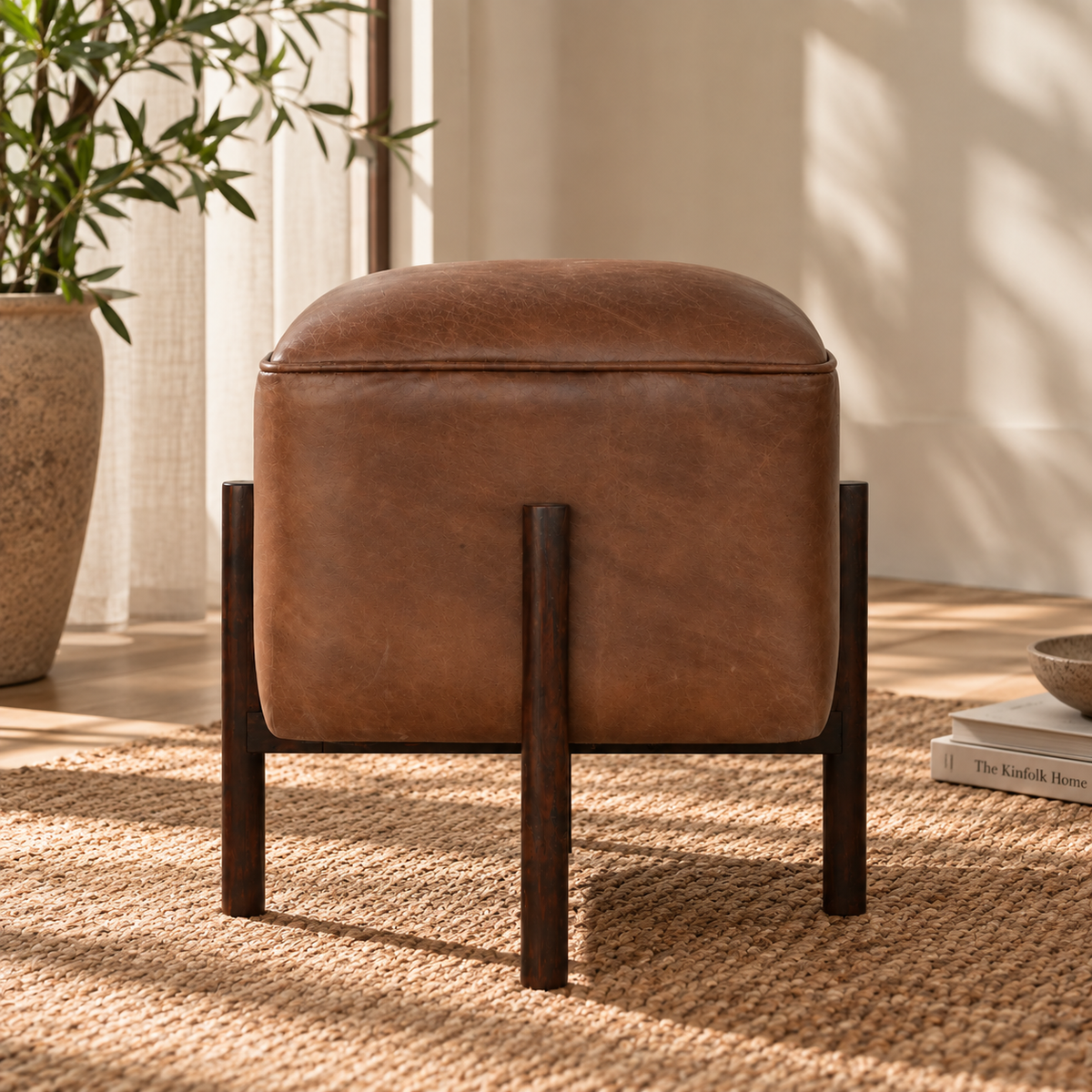 Brown Solid Leather Footstool