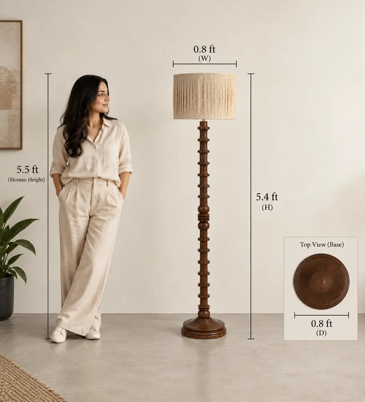 Handturned Mango Wood Floor Lamp | Wooden Standing Lamp with Pleated Fabric Shade