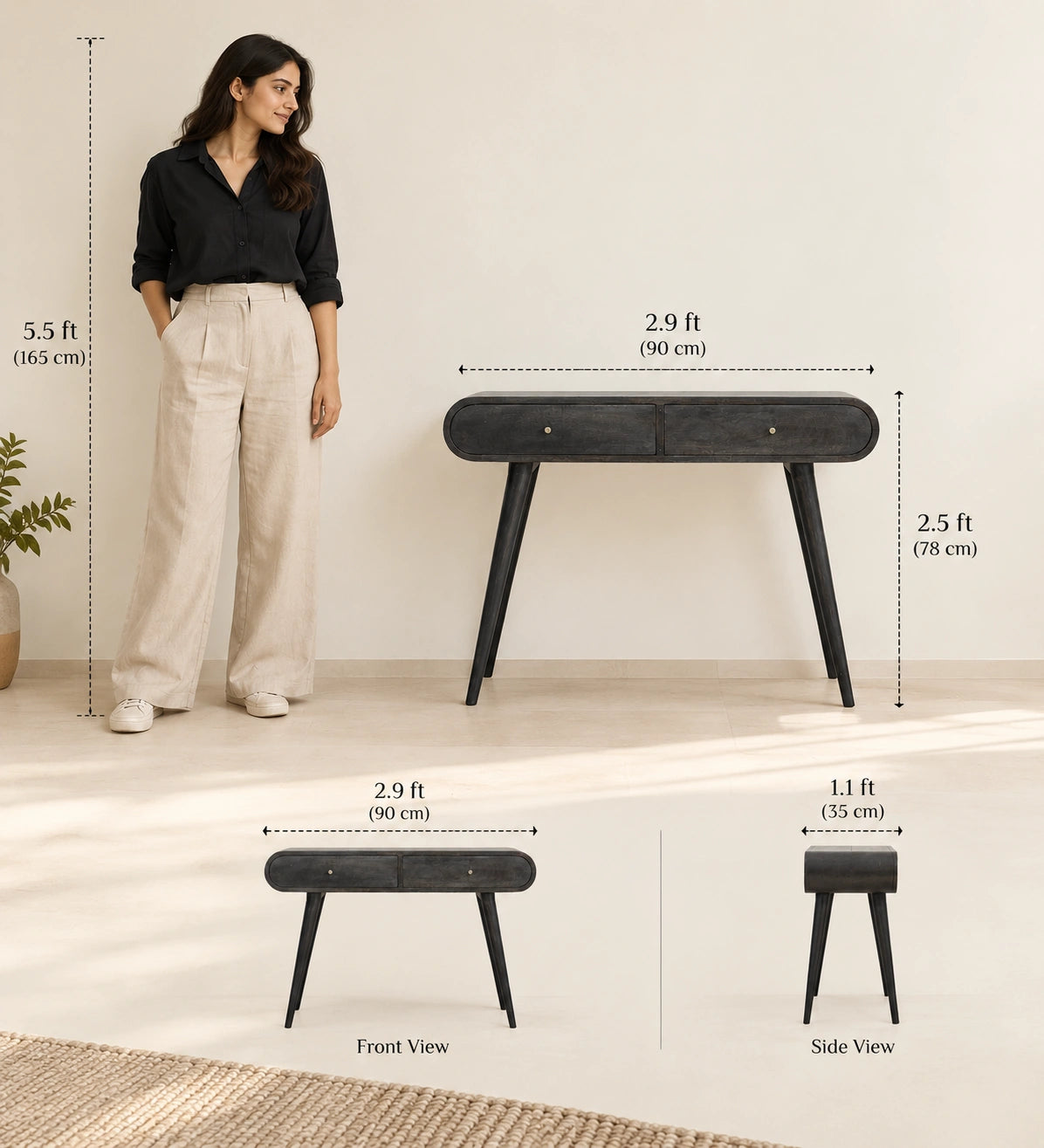 Ash Black Curve Console Table for Living Room | Solid Mango Wood Entryway Table