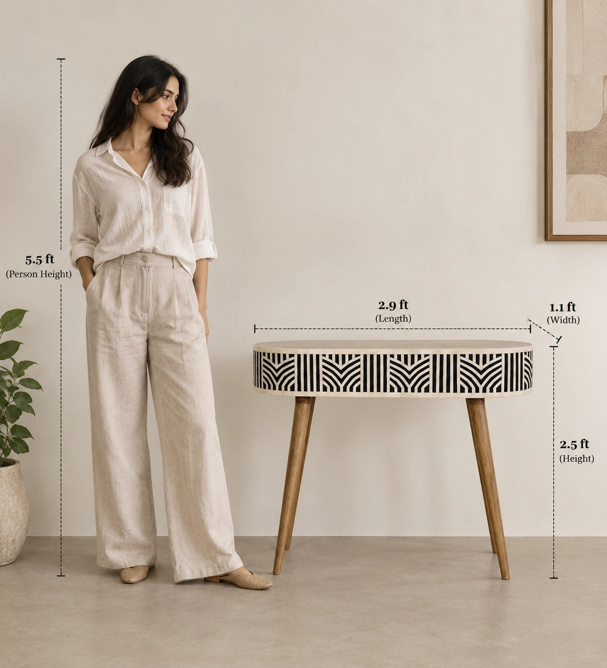 Boho Bone Inlay Console Table | Solid Mango Wood Entryway Table with Drawer