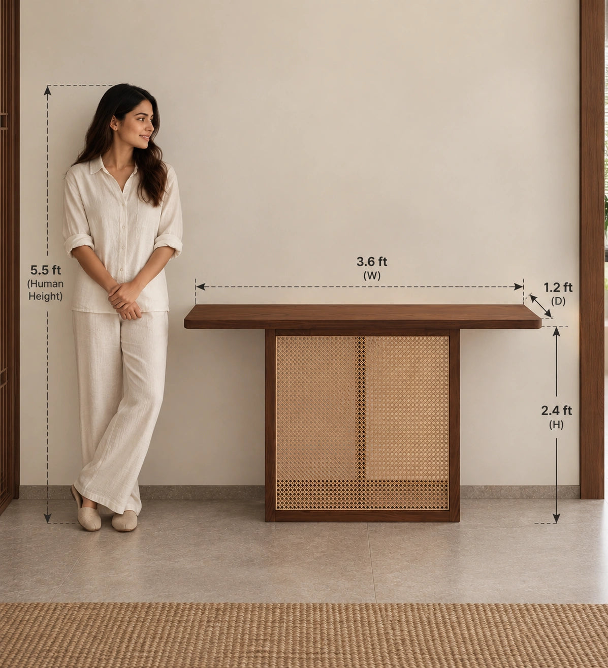 Opah Foyer Console Table | Solid Teak Wood Entryway Table with Handwoven Rattan
