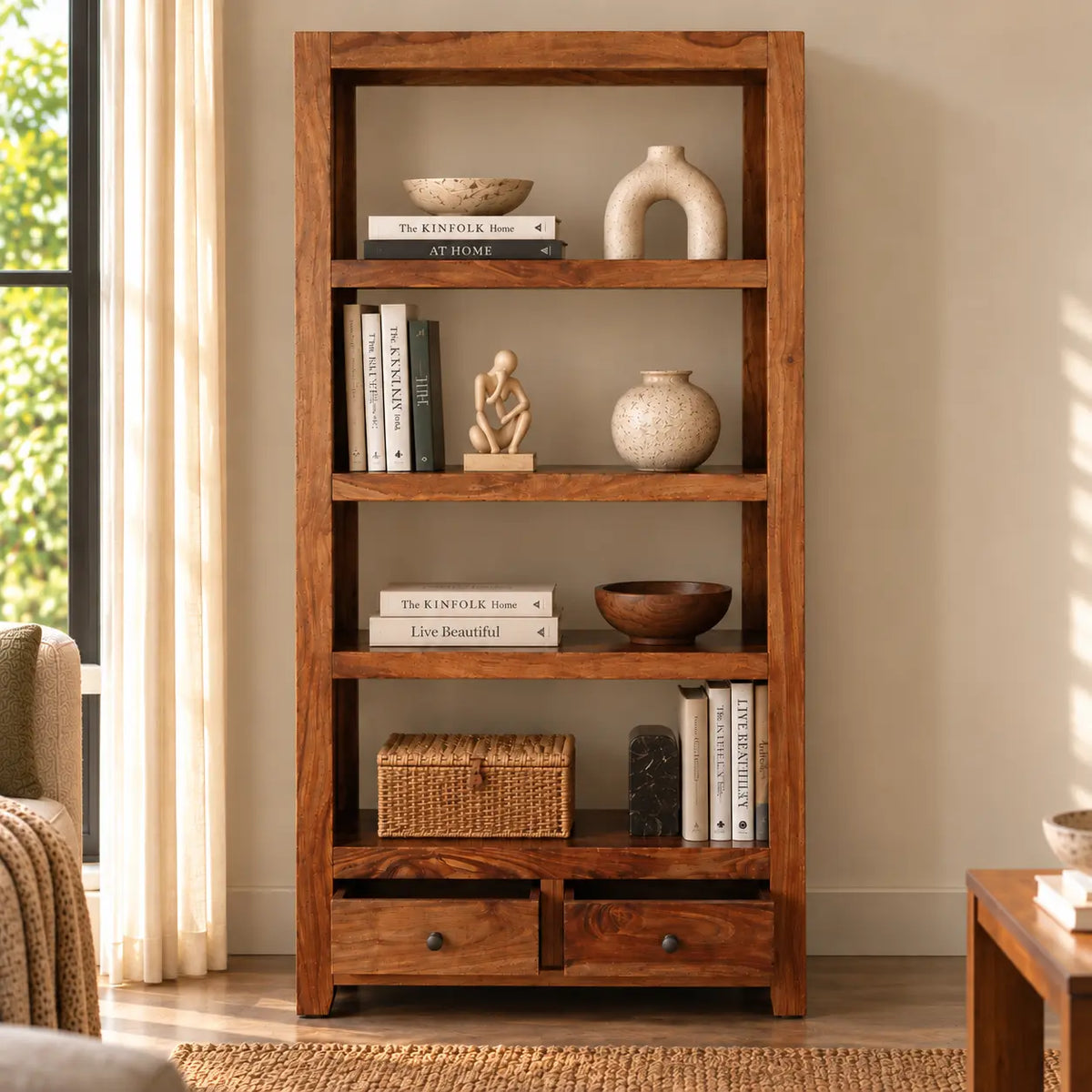 Solid Sheesham Wood Bookcase | Modern Wooden Bookshelf & Display Cabinet