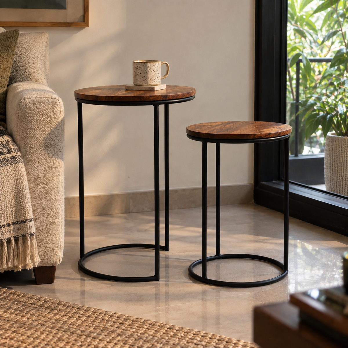 Black Wood & Metal Round Stool Table Set Of 2 For Living Room | Nesting Tables