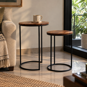 Black Wood & Metal Round Stool Table Set Of 2 For Living Room | Nesting Tables