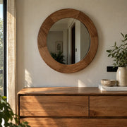 Mango Wood Round Wall Mirror For Living Room | Wooden Frame Mirror For Home
