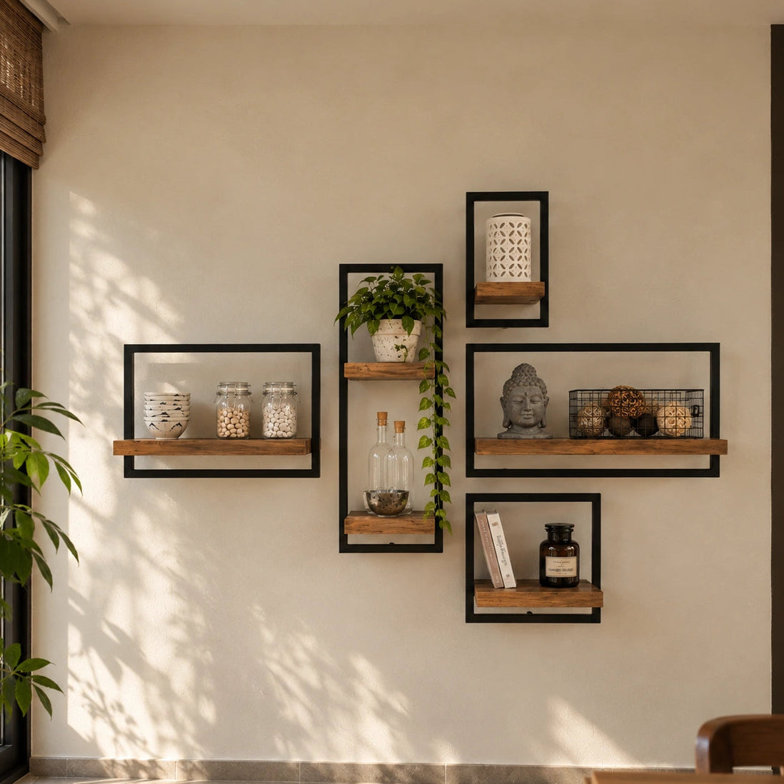 5 Piece Wood & Metal Wall Shelf | Wall Storage For Living Room