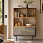 Acacia Wood Bookcase with Metal Black Frame | Modern Bookrack Storage Shelf for Living Room & Study