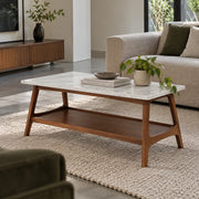 Marble Top Coffee Table with Walnut Wood Finish | Modern Luxury Center Table for Living Room