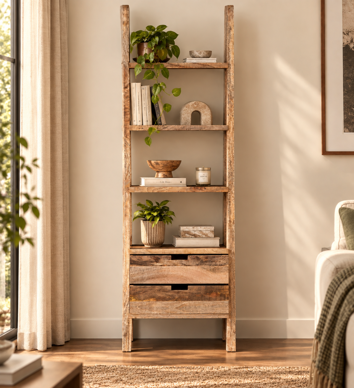 Wooden Natural Bookcase With Three Shelves For Living Room
