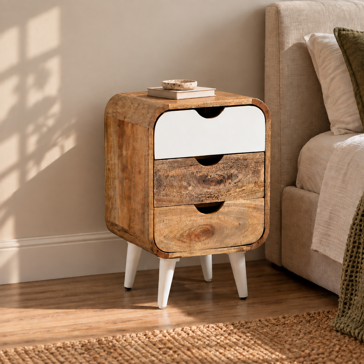Wooden Bedside Table | Yellow & White Storage Table