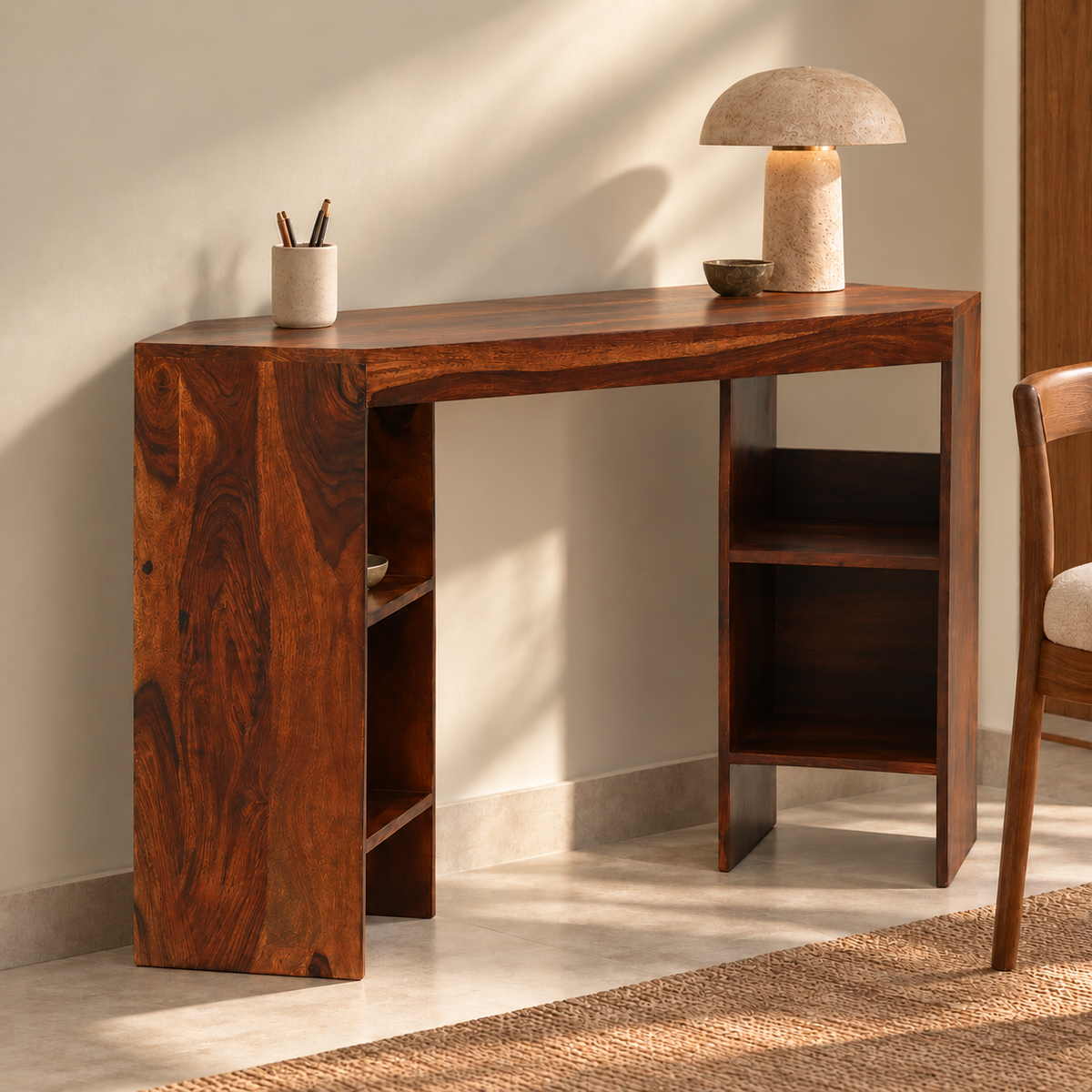 Corno Dune Corner Study Table| Solid Sheesham Wood Corner Desk with Storage Shelves