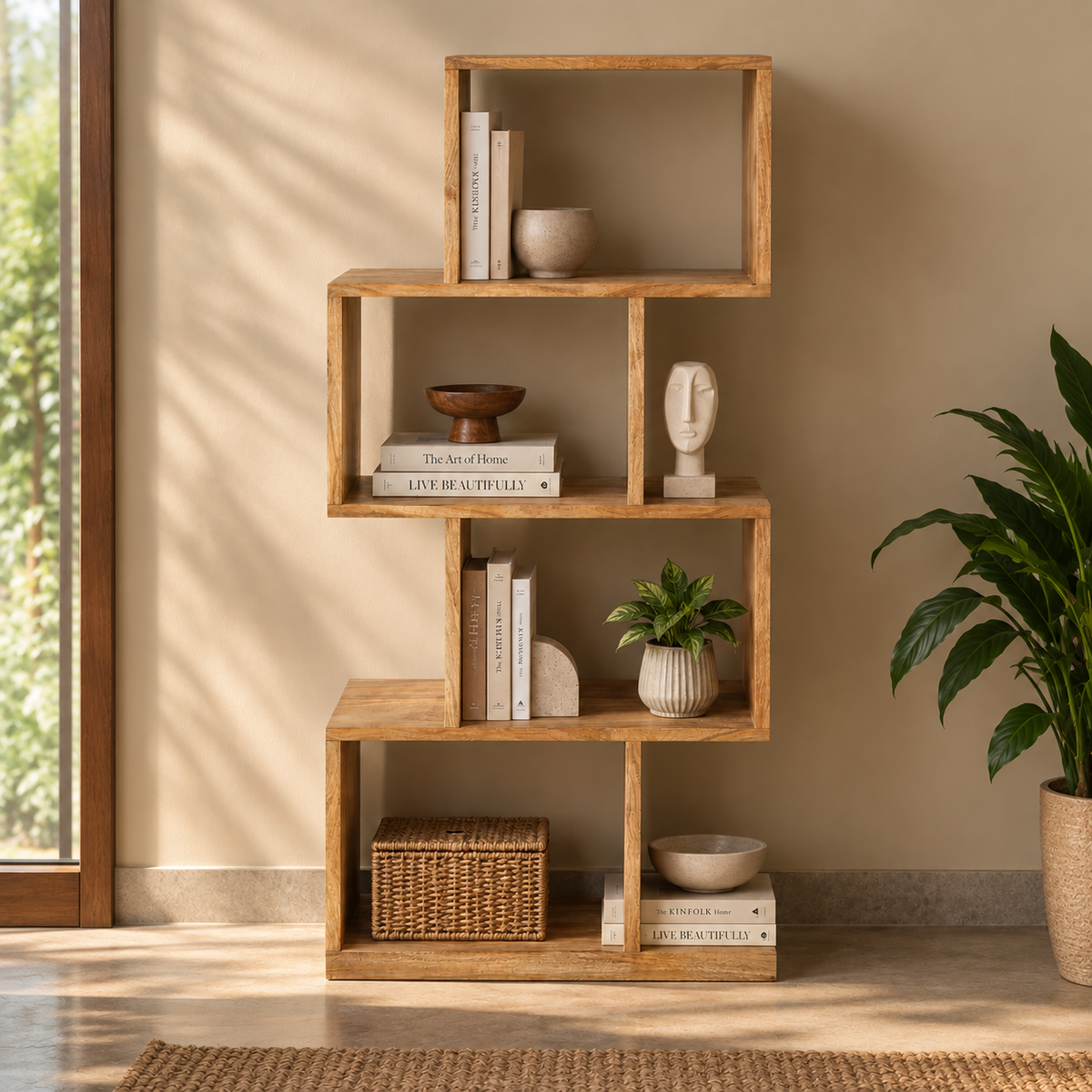 Zag Solid Wood Bookcase | Natural Sheesham Wood Open Shelf Room Divider