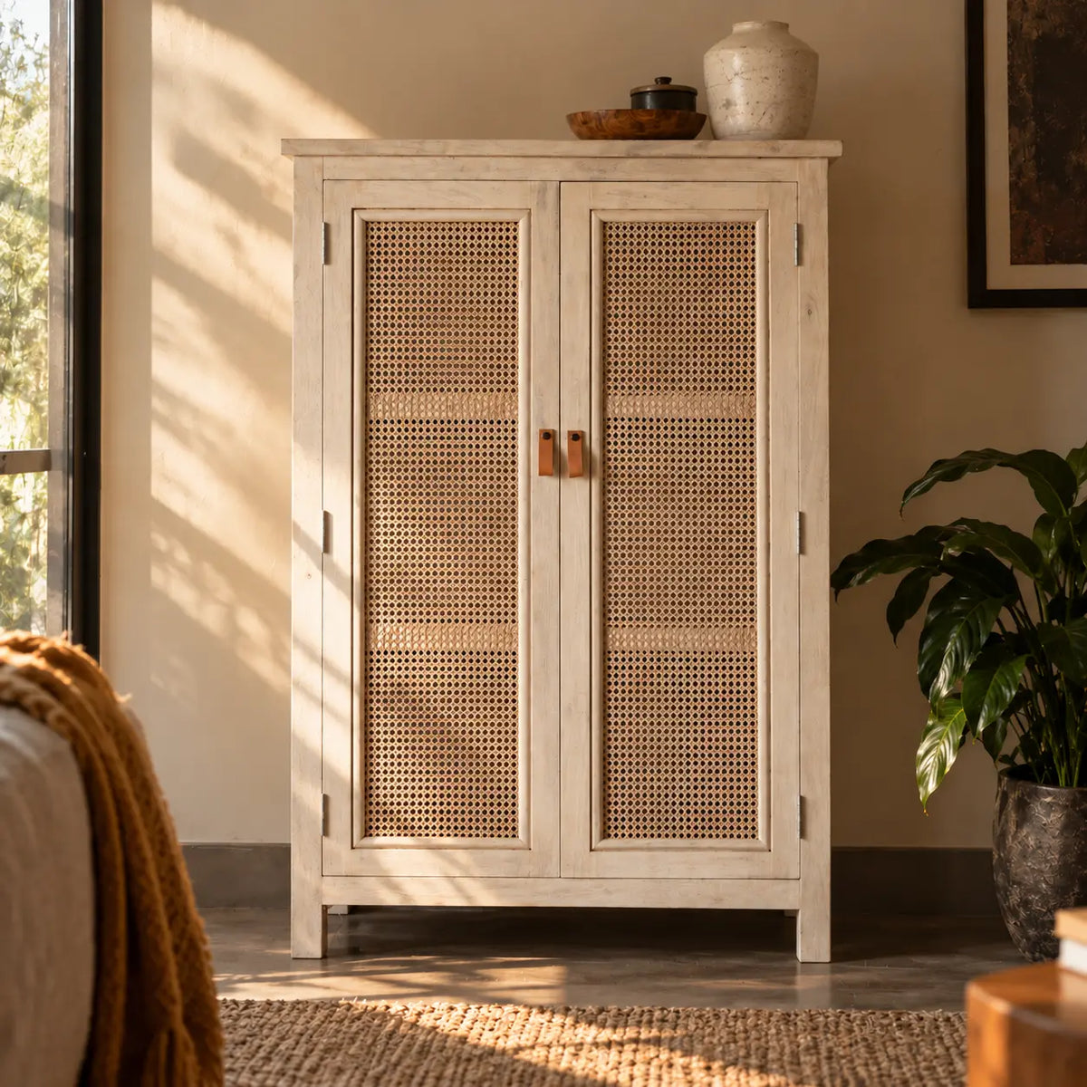 Atlanta Rattan Wooden Cabinet | Wooden Almirah For Living Room