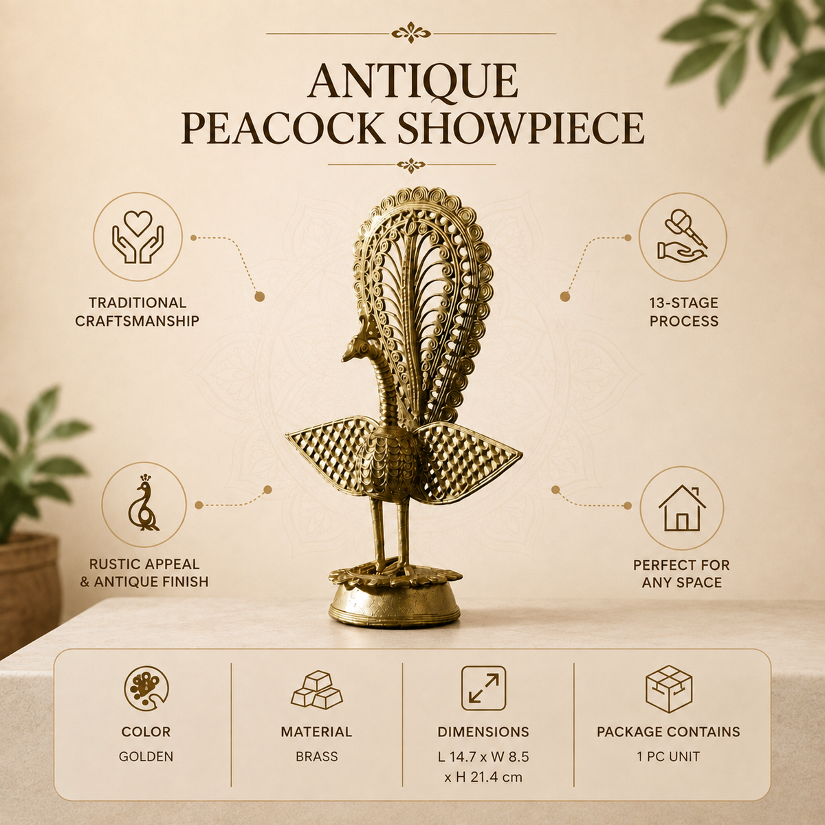 Antique Peacock Showpiece In Dokra Design Golden For Decor