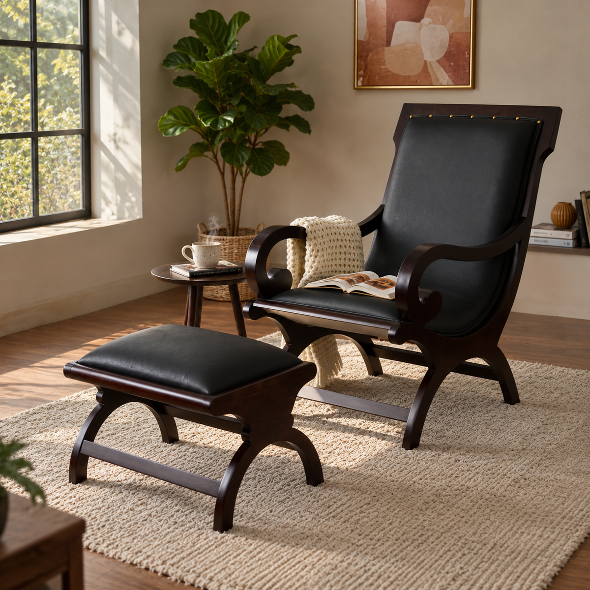 Rambo Sheesham Wood Chair with Stool | Premium Wooden Lounge Chair & Ottoman