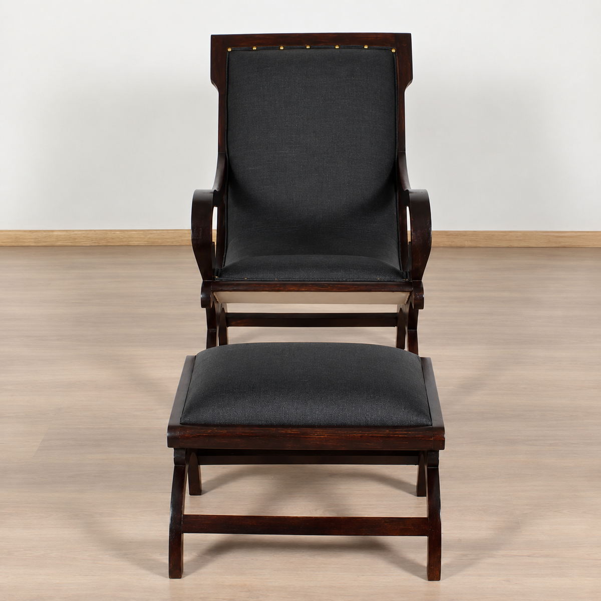 Rambo Sheesham Wood Chair with Stool | Premium Wooden Lounge Chair & Ottoman
