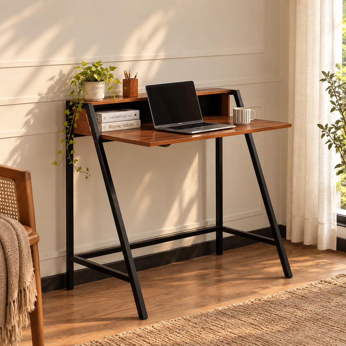 Honey Color Wood & Metal Side Study Table | Work Desk For Living Room & Office