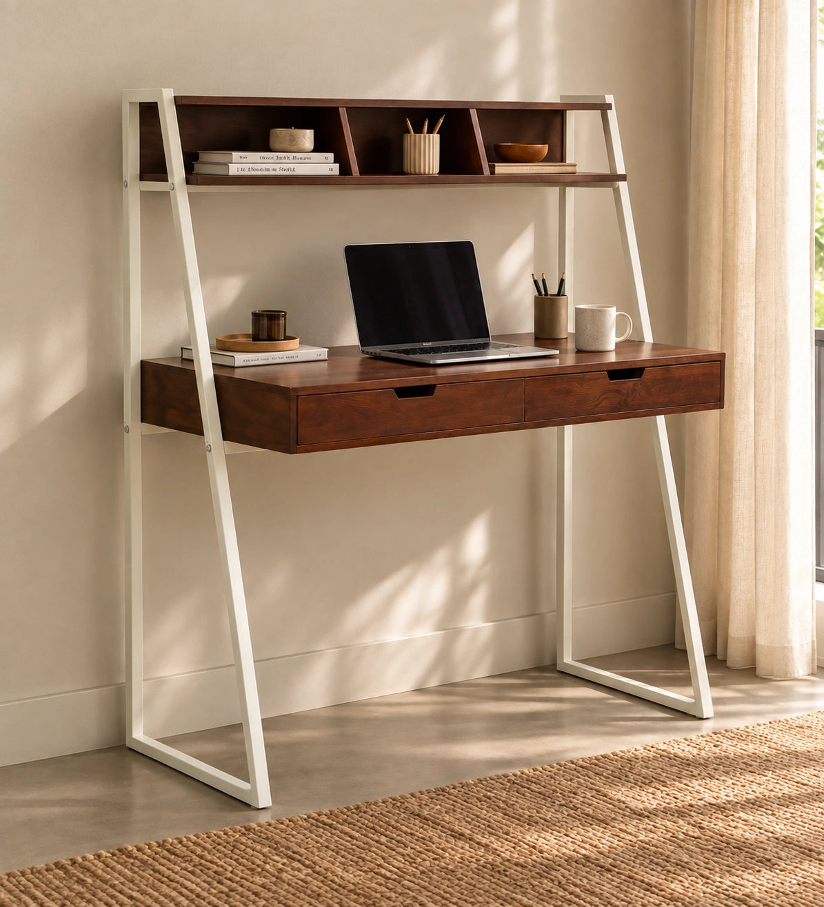 Wood & White Metal Double Layered Study Table For Home And Living Room