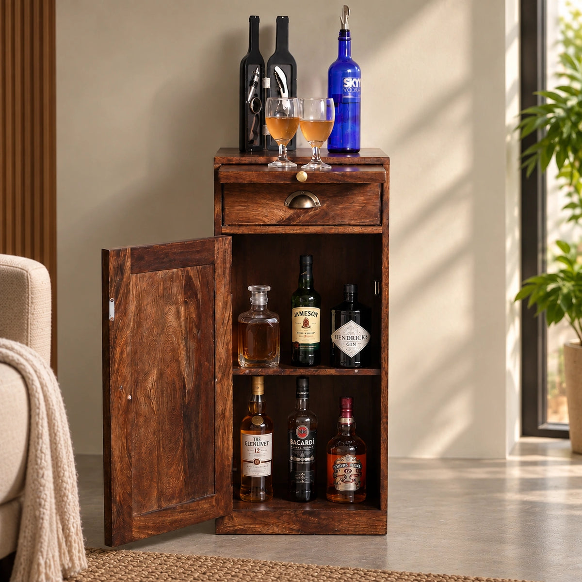 Wooden Mini Bar Cabinet With Door And Drawer | Bar Cabinet For Home