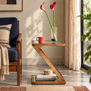 Z Shaped Wooden Table With Glass Top | Side Table For Living Room