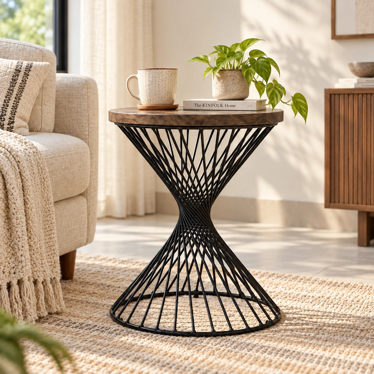 Sheesham Wood & Metal Spiral Round Side Table For Living Room | Round End Table | Corner Table