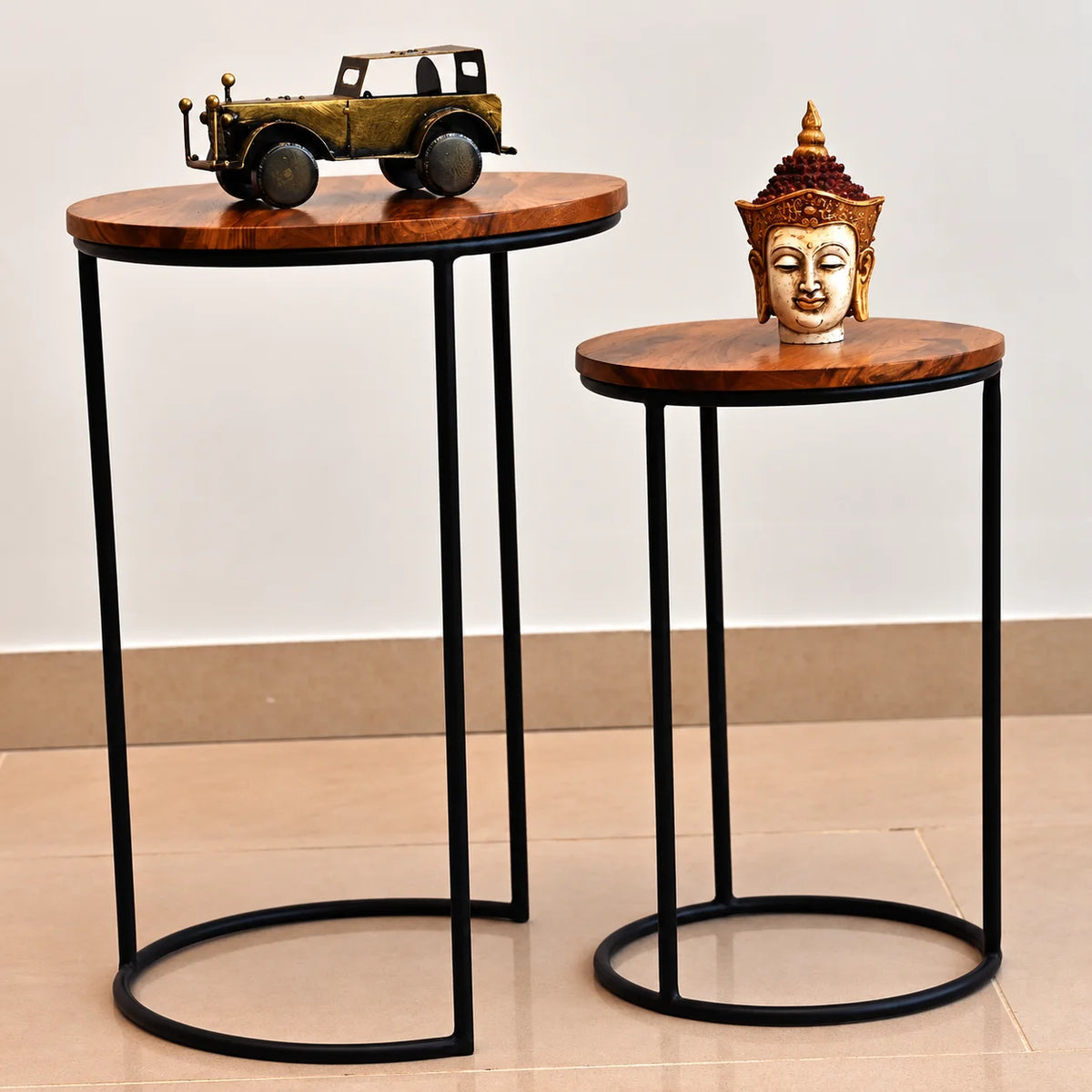 Black Wood & Metal Round Stool Table Set Of 2 For Living Room | Nesting Tables