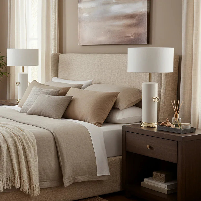 Zenith Handle Table Lamp – Modern White Designer Table Lamp for Bedroom & Living Room