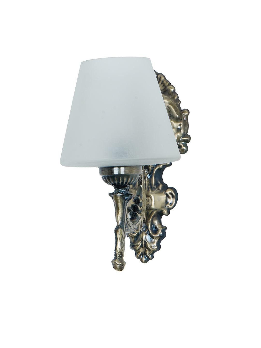 Antique Brass Finish 11 Inch Single Light Steel Wall Lamp With Tapered Frosted Glass Shade