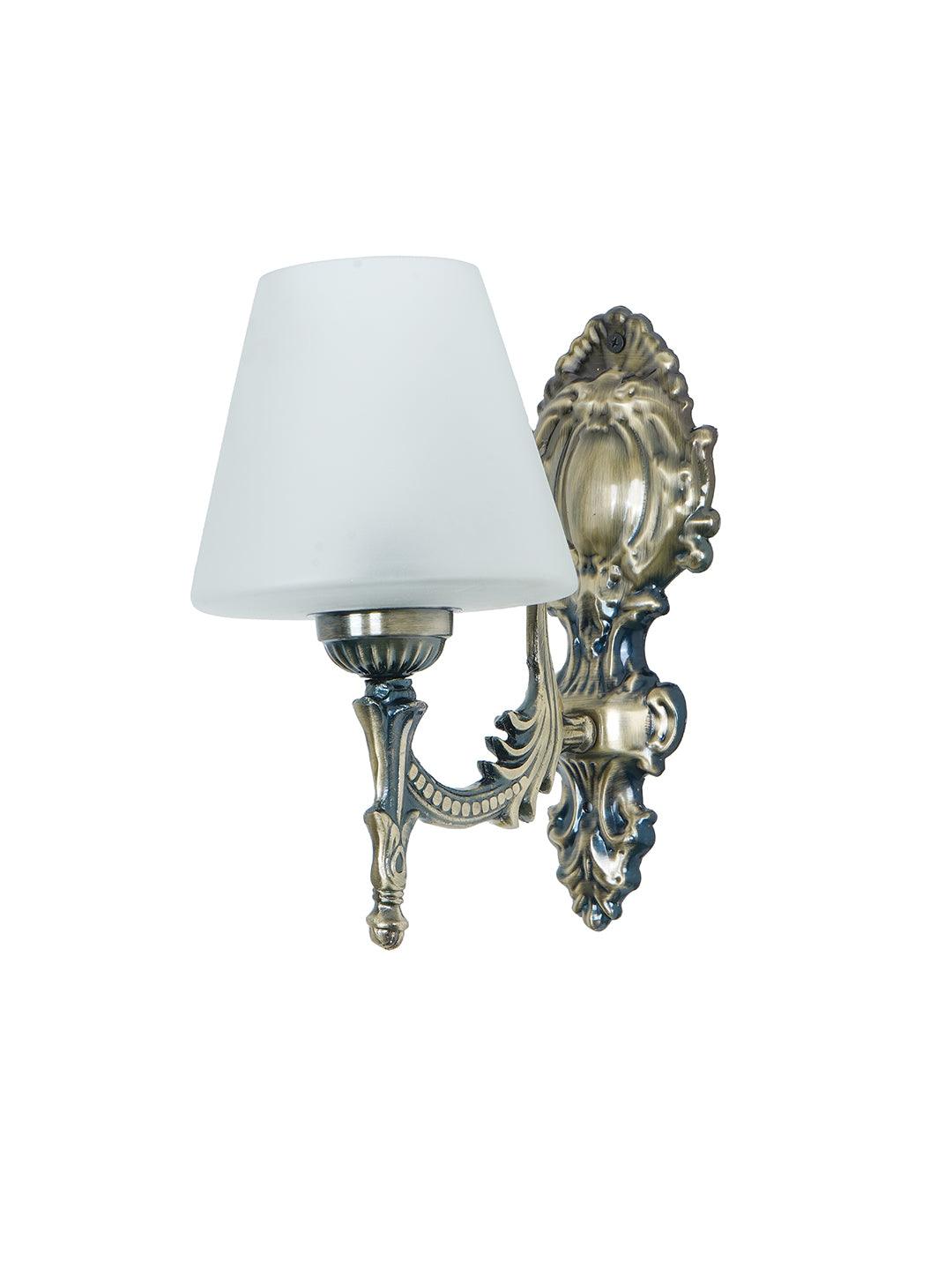 Antique Brass Finish 11 Inch Single Light Steel Wall Lamp With Tapered Frosted Glass Shade