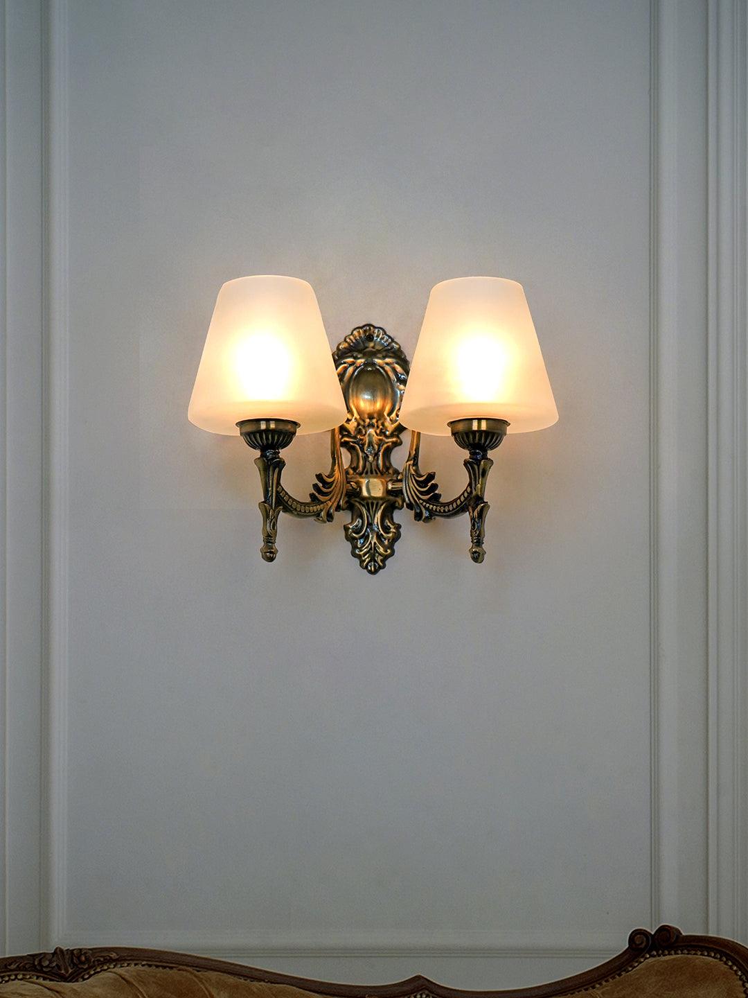 Antique Brass Finish 11 Inch 2-Light Steel Wall Lamp With Tapered Frosted Glass Shades