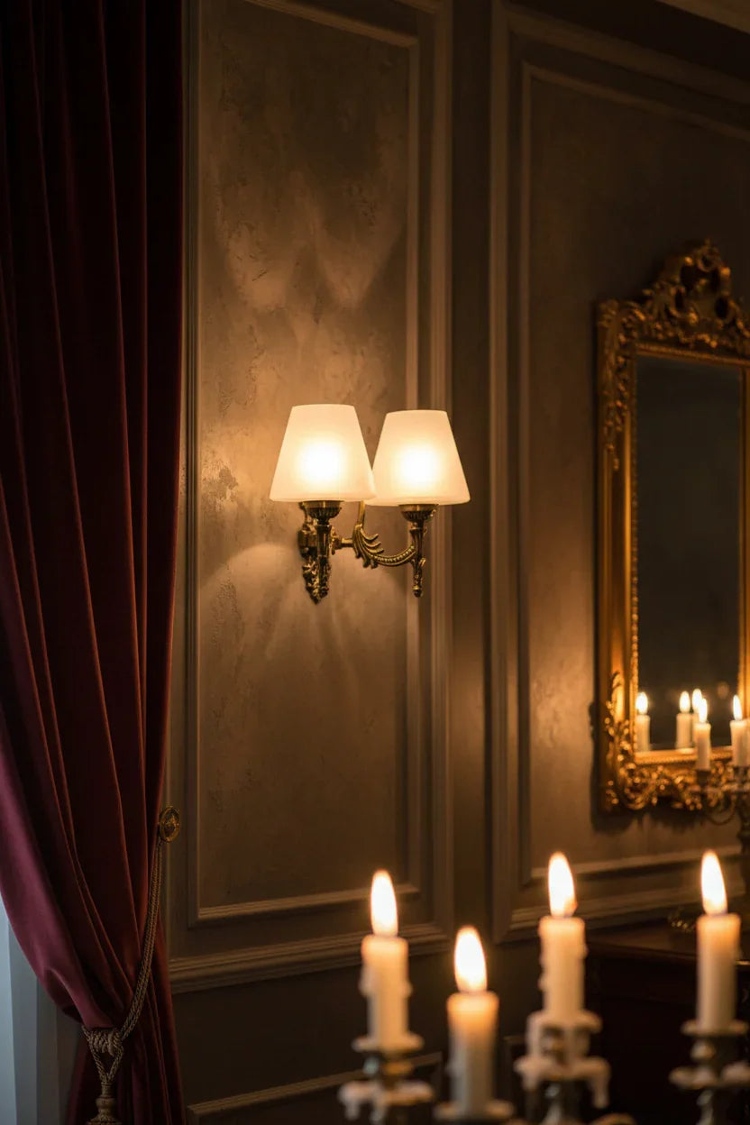 Antique Brass Finish Wall Lamp With Tapered Frosted Glass Shades | Wall Sconce
