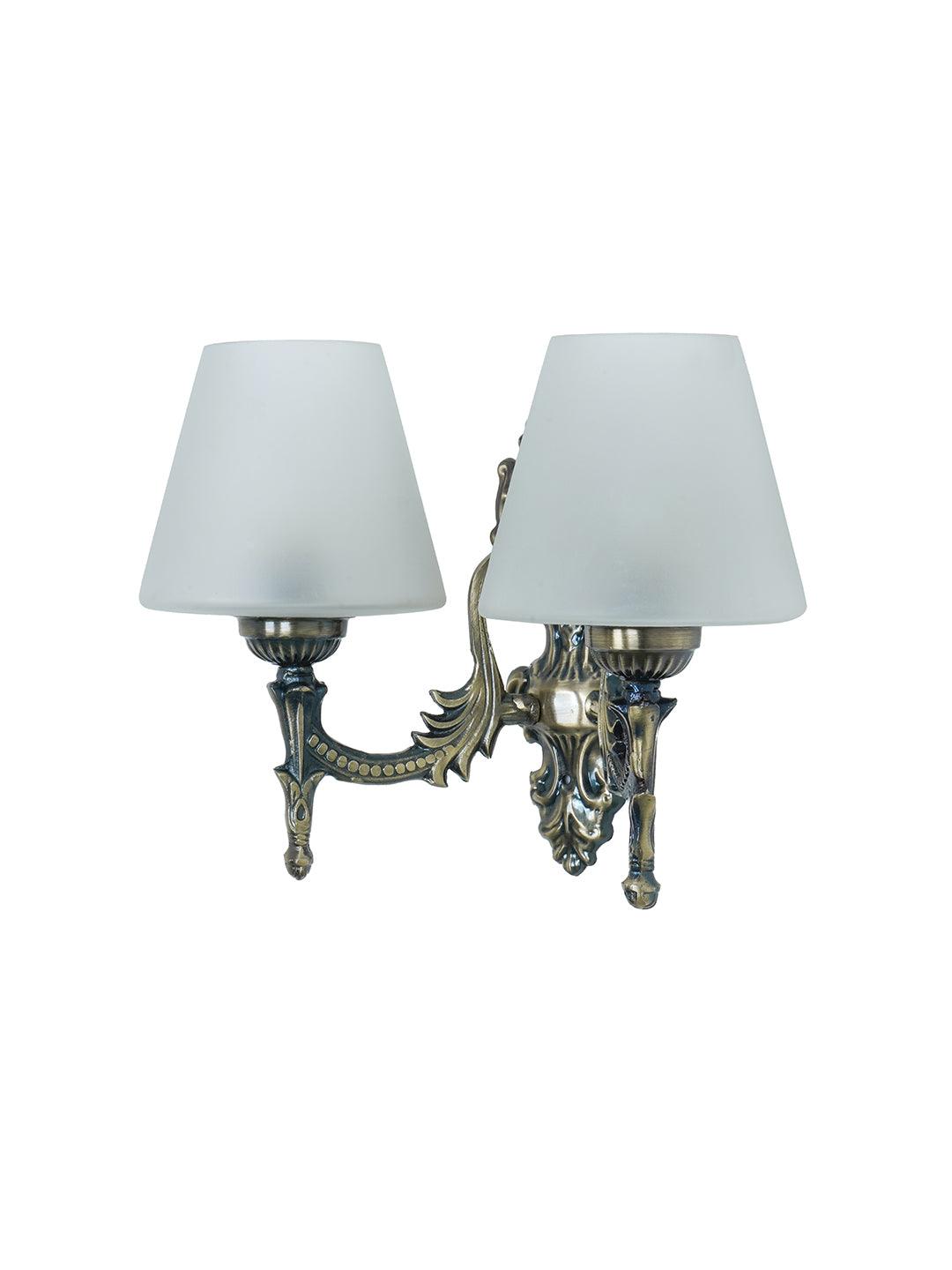 Antique Brass Finish 11 Inch 2-Light Steel Wall Lamp With Tapered Frosted Glass Shades